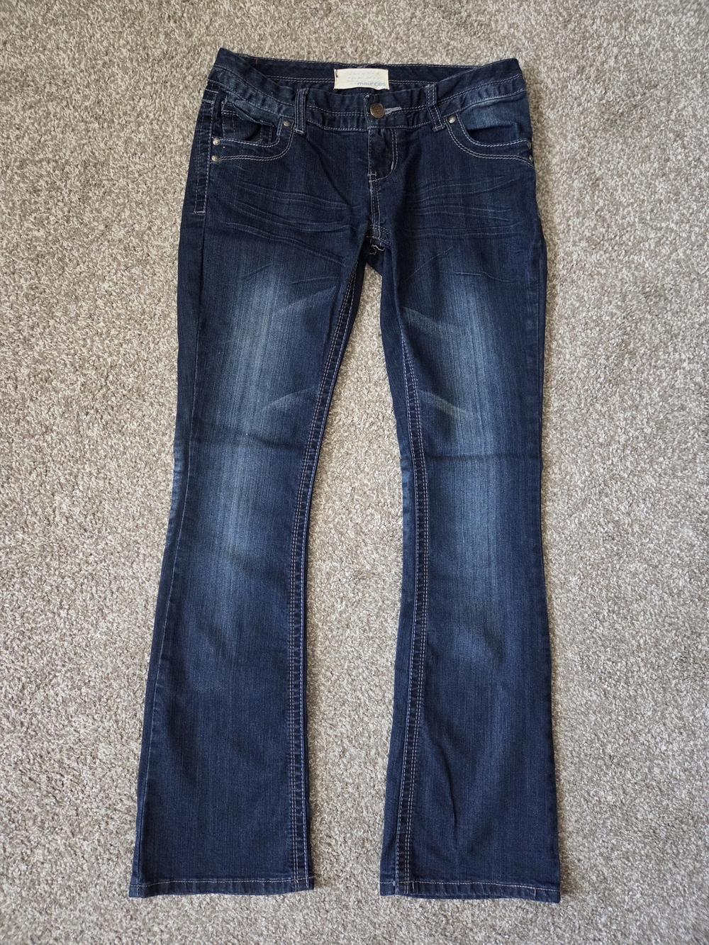 Maurices Dark Blue Faded Denim Jeans 1/2 Juniors Flared Leg Lowrise Bold Stitch